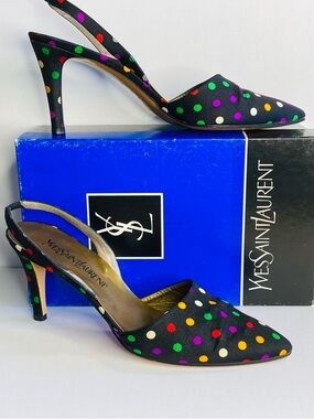 Yves Saint Laurent Black Multicolor Polka Dot Slingback Pumps Vintage 80s/90s
